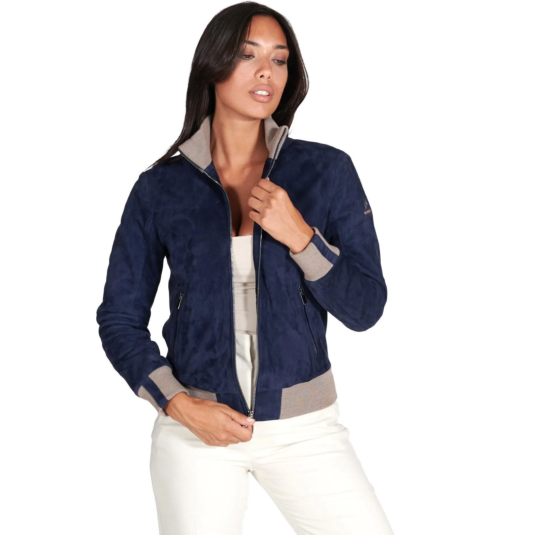 Bomber in pelle scamosciata blu collo in lana merino