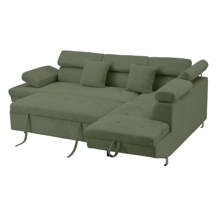 Margaux - Canapé d'angle droit 5 places convertible avec coffre et têtières réglables en velours texturé - Vert