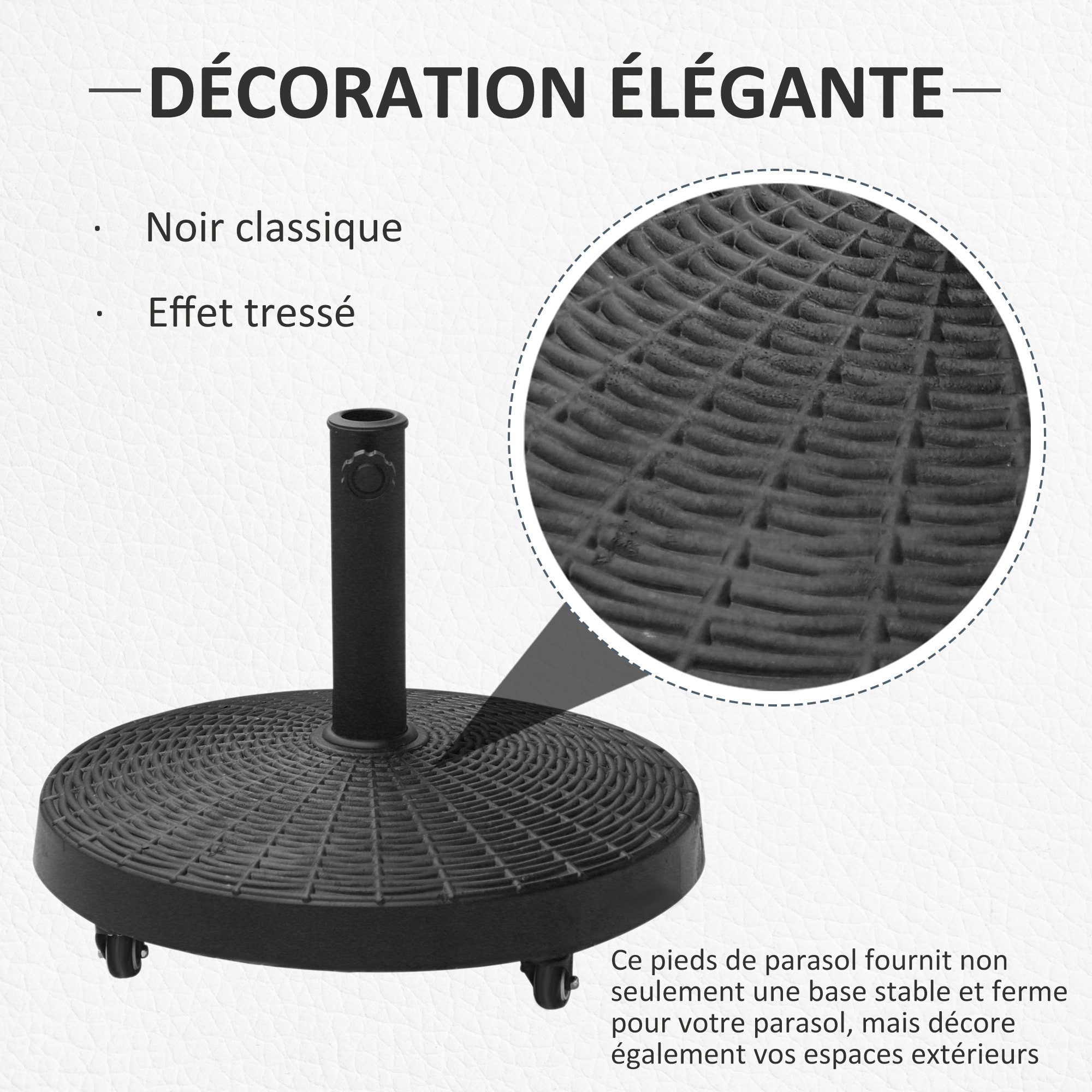 Pied de parasol base de lestage rond poids net 22,7kg en résine avec 4 roulettes - dim. Ø 52 x 41H cm - noir