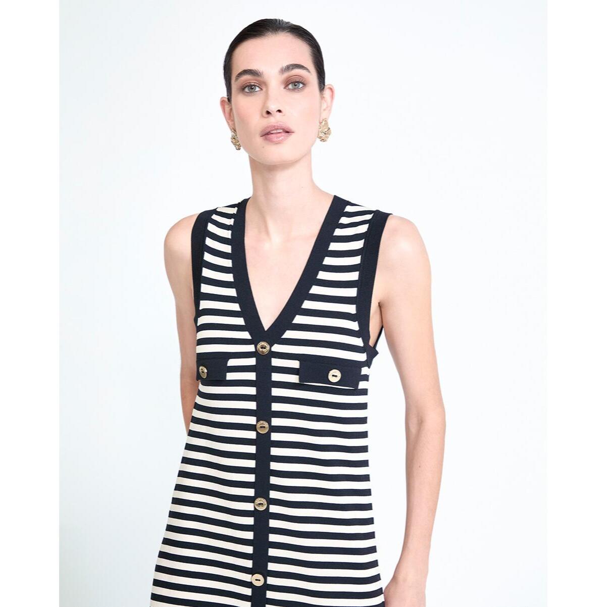 Abito lungo in maglia a righe senza maniche con spacco frontale