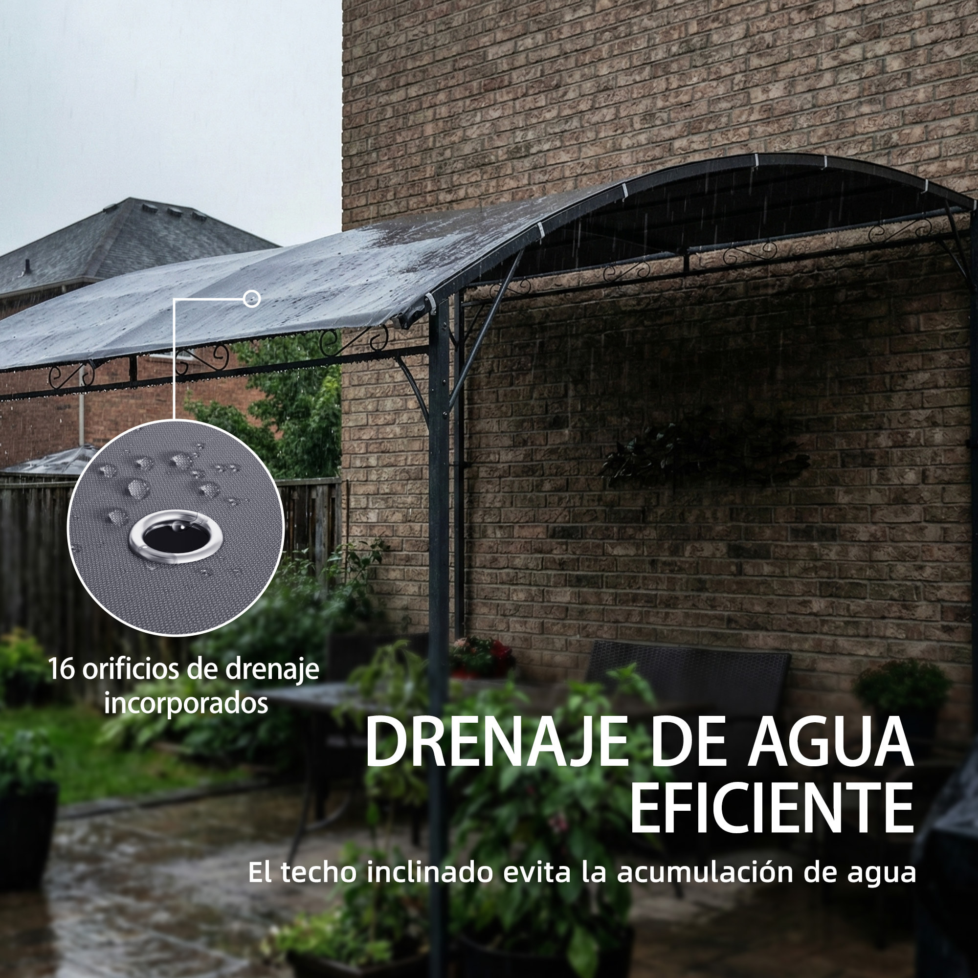 Pérgola de Pared de Jardín 2,8x3,8 m, Cenador de Jardín con Techo Inclinado, Orificios de Drenaje y Estructura Metálica, Resistente a la Intemperie, para Patio, Terraza, Balcón, Gris