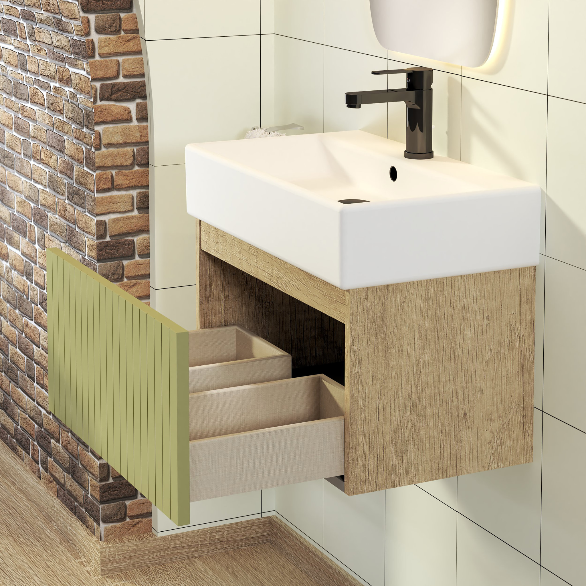 Conjunto de Baño Zel | Mueble Suspendido | 60 cm Verde | Un Cajón | Lavabo Encastrado | No incluye Espejo | Mueble Montado| Alday