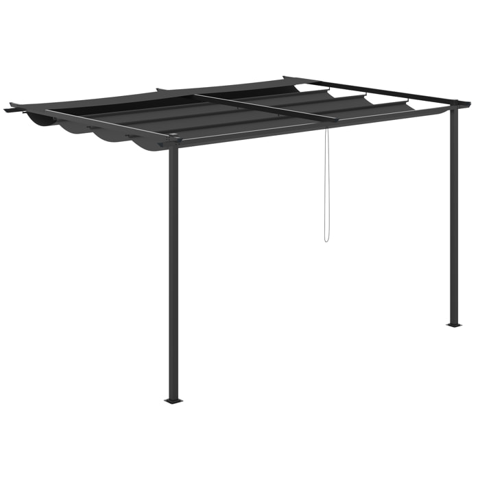 Pérgola de Pared de Jardín 4x3 m Gazebo Exterior Cenador con Techo Retráctil Tela de Poliéster y Marco de Acero para Patio Terraza Balcón Gris Oscuro