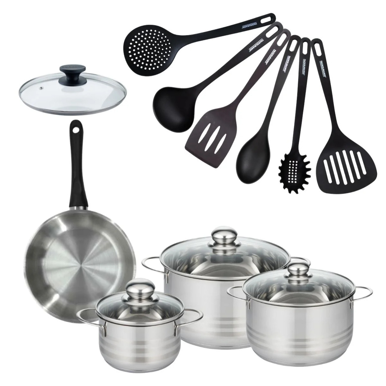 Set de 1 poêle inox, couvercle verre, 3 faitouts inox et 6 ustensiles RPET Fackelmann Geneva