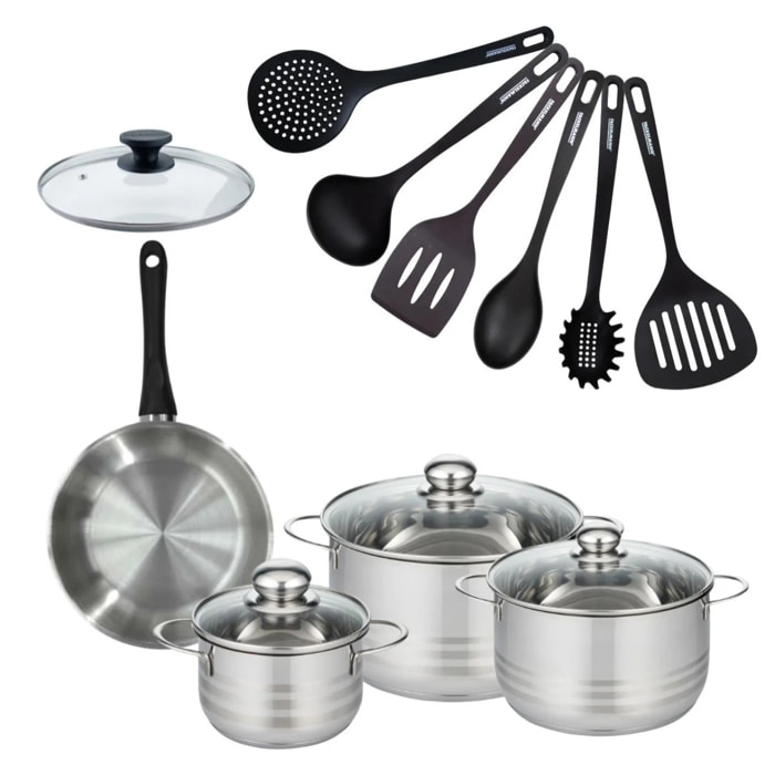 Set de 1 poêle inox, couvercle verre, 3 faitouts inox et 6 ustensiles RPET Fackelmann Geneva