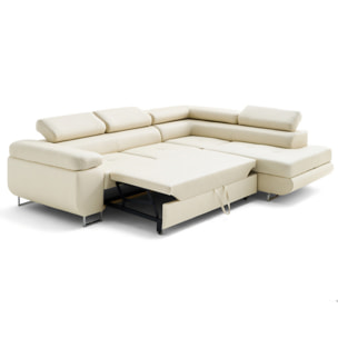 Zaria - canapé d'angle droit 5 places convertible avec coffre et têtières en simili - Beige