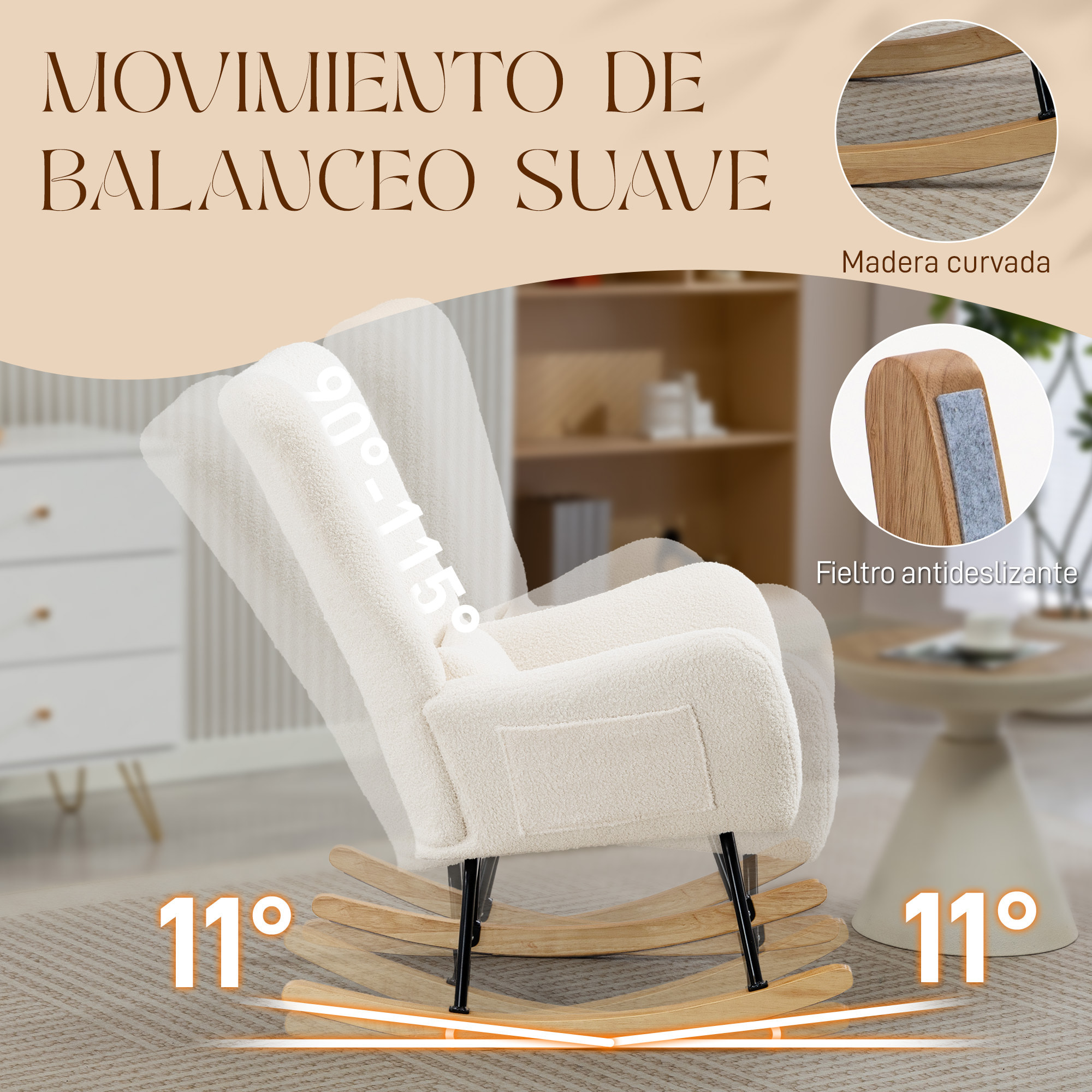 Silla Mecedora Moderna, Mecedora Tapizada en Terciopelo de Teddy, Sillón de Lactancia con Respaldo Acolchado Alto, Almohada, Patas de Madera, Bolsillo Lateral, para Dormitorio, Salón, Crema