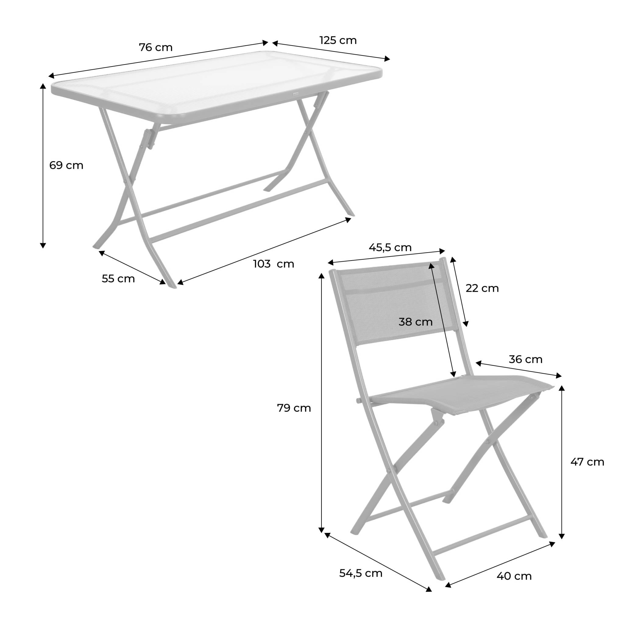 Table de jardin pliante acier + 4 assises ANCONA
