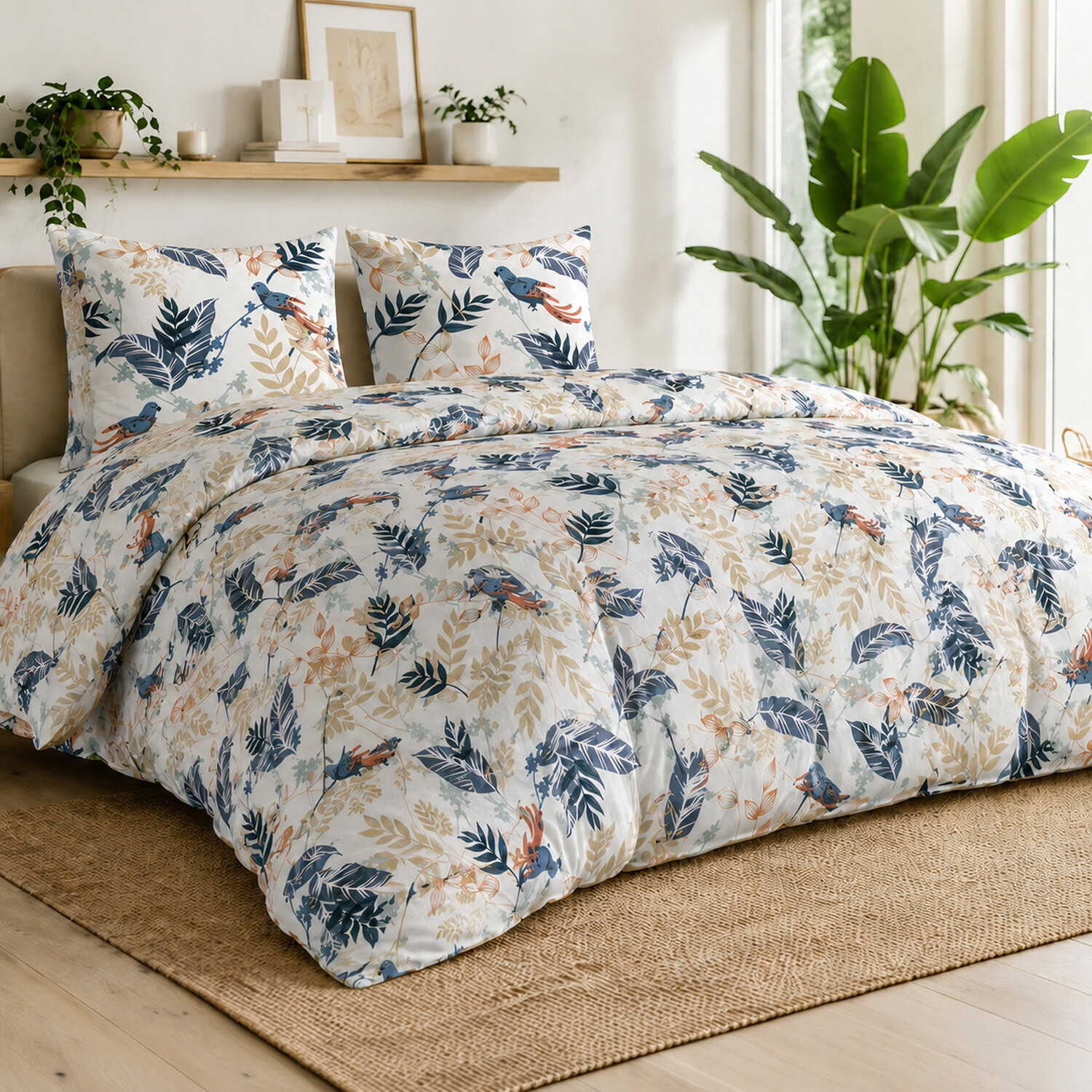 Parure housse de couette 100% percale de coton motif topical feuillage et oiseaux - Oizel
