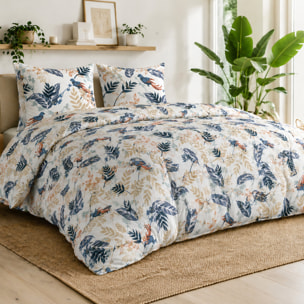 Parure housse de couette 100% percale de coton motif topical feuillage et oiseaux - Oizel
