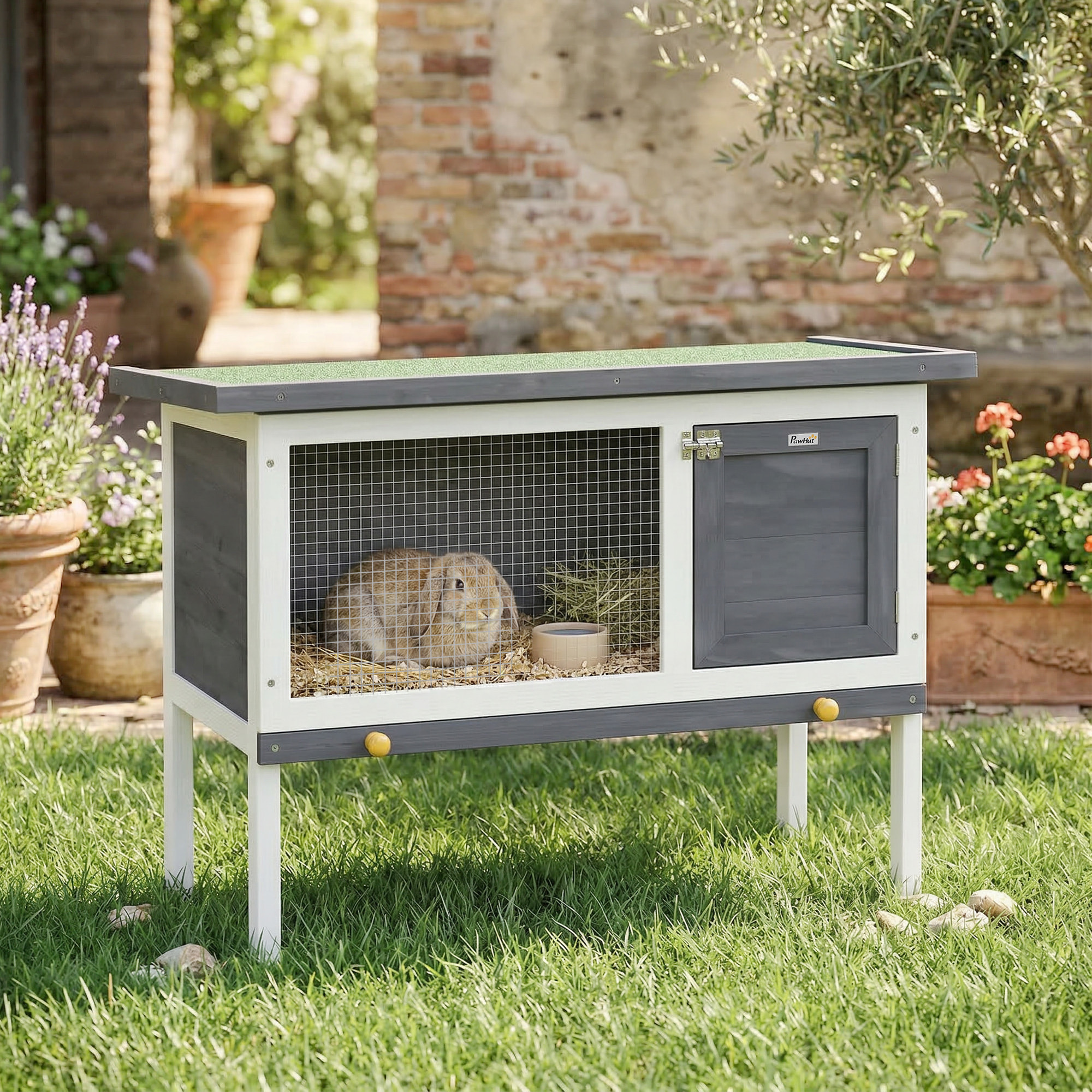 Conejera de Madera, Jaula para Conejos Medianos con Techo Asfáltico Abatible, Bandeja Extraíble, Puerta con Pestillo, Conejera Elevada Exterior, para Cobayas y Chinchillas, 90x45x65 cm, Gris