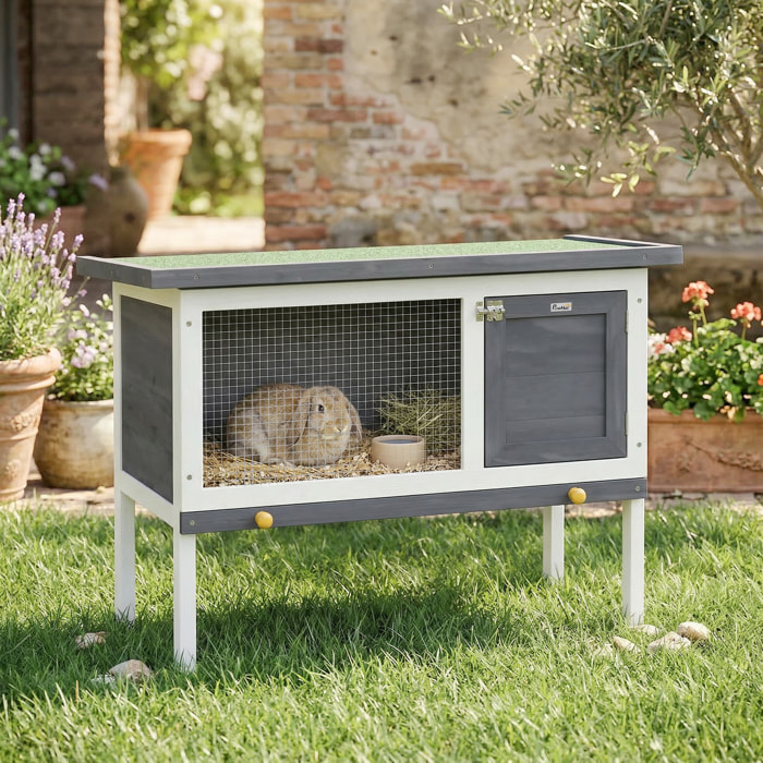 Conejera de Madera, Jaula para Conejos Medianos con Techo Asfáltico Abatible, Bandeja Extraíble, Puerta con Pestillo, Conejera Elevada Exterior, para Cobayas y Chinchillas, 90x45x65 cm, Gris