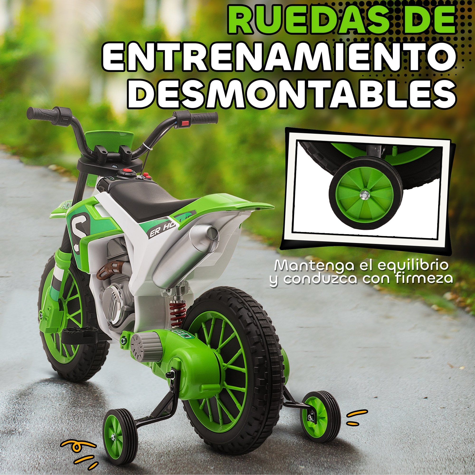 Moto Eléctrica para Niños de +3 Años 12V Moto de Juguete Infantil con 2 Ruedas de Equilibrio Velocidad 3-8 km/h Arranque Suave 106,5x51,5x68 cm Verde