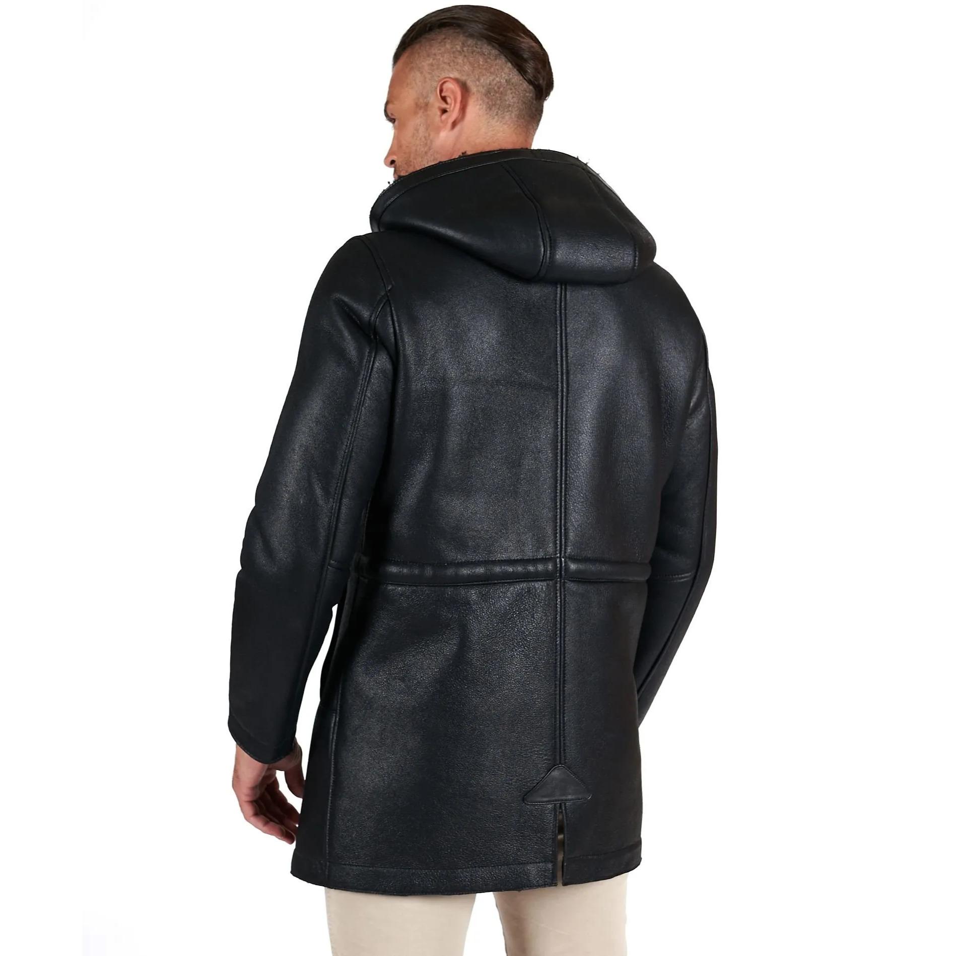 Cappotto montone nero Shearling uomo cappuccio staccabile