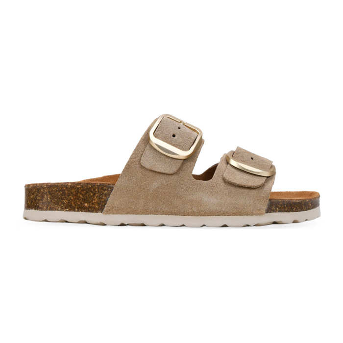 Sandalias planas arena en piel con doble hebilla