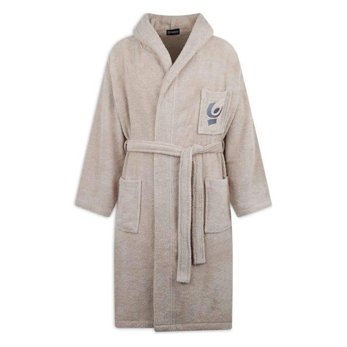 Accappatoio Beige in Spugna con Logo Ricamato e Tasche
