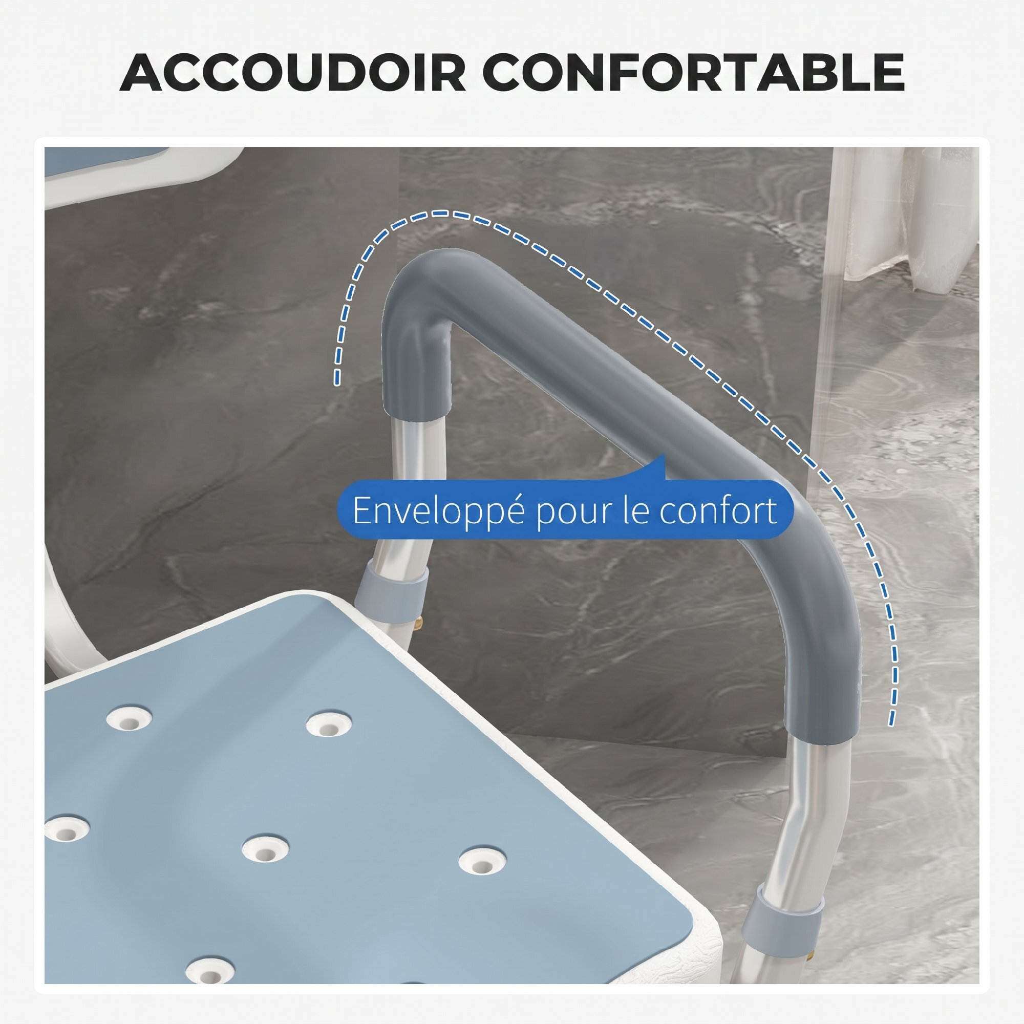 Chaise de douche siège de douche ergonomique hauteur réglable pieds antidérapants max. 136 Kg alu HDPE blanc bleu