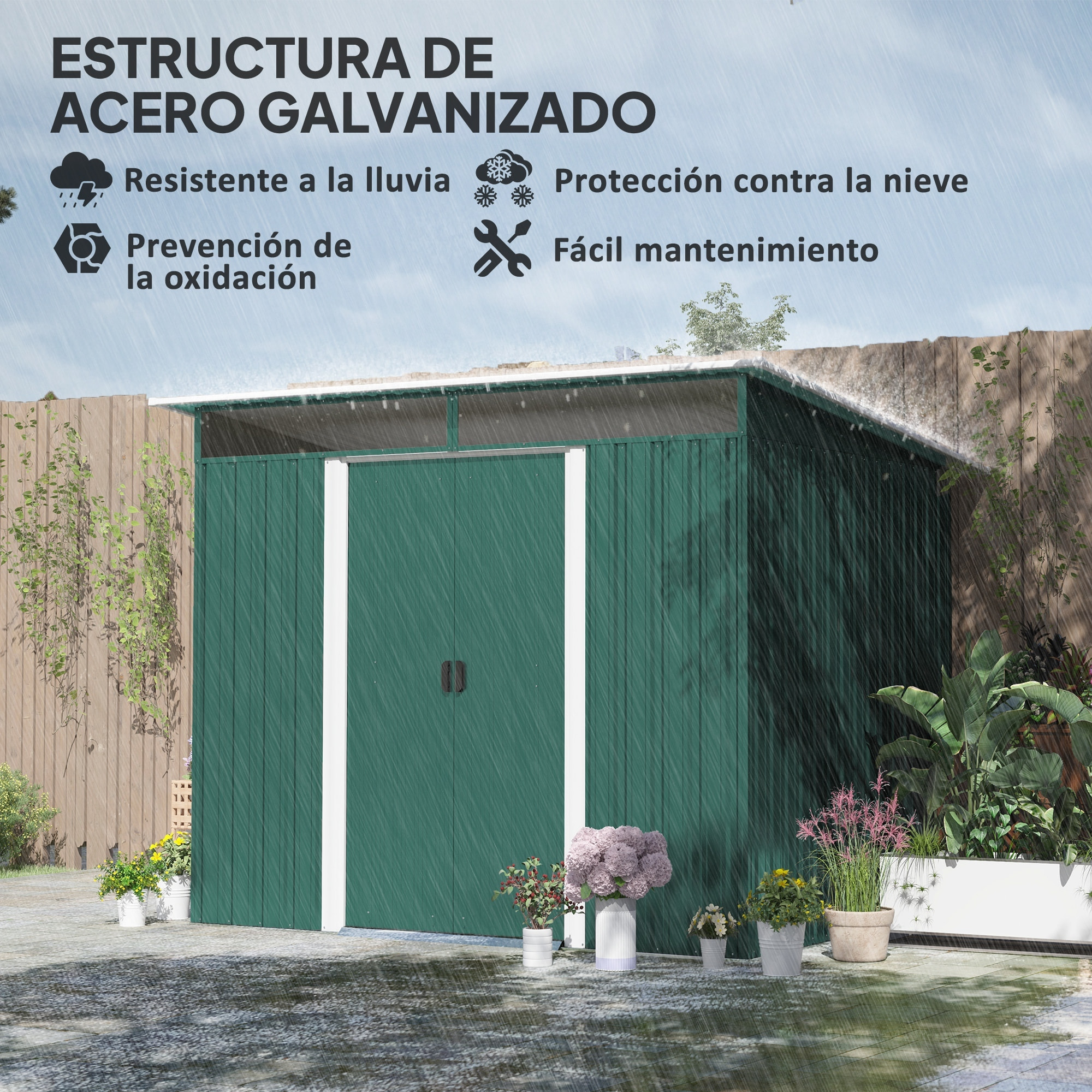 Cobertizo de Jardín Exterior 4,5 m² 260x194x200 cm Caseta de Jardín Exterior Metálica con Paneles Frontales Transparentes y 2 Puertas Corredizas para Almacenamiento de Herramientas Verde