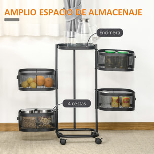 Carrito Auxiliar con Ruedas de 5 Niveles, Carrito de Cocina con 4 Cestas de Almacenamiento Giratorias 270° y Bandeja Superior, para Frutas, Verduras, Utensilios, 33x33x77 cm, Negro