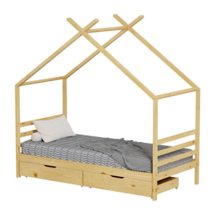 Lit Cabane Bambino, couchage 90x190 cm, Bois de Pin Naturel, Sommier inclus, Avec 2 Tiroirs de rangement