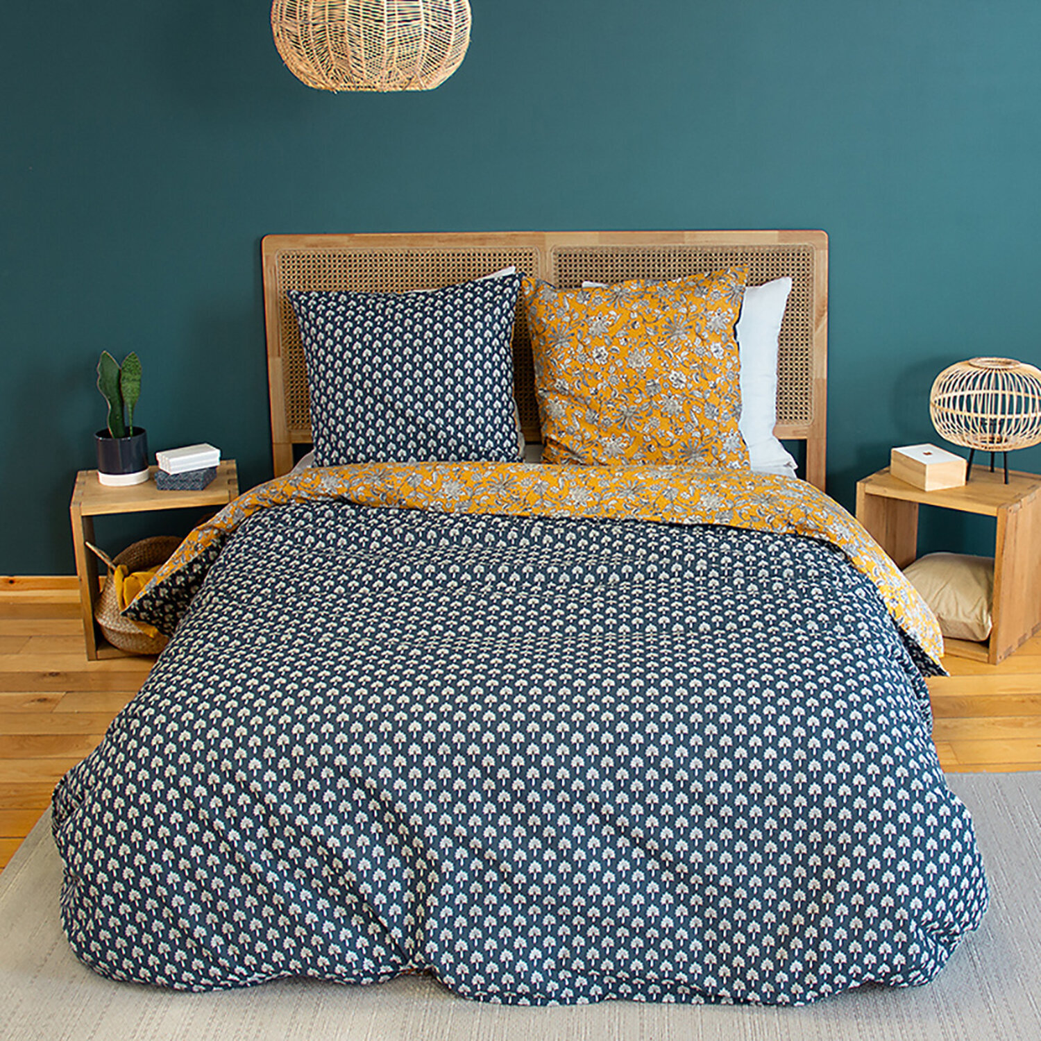 Parure housse de couette 100% coton motif floral - jaune moutarde