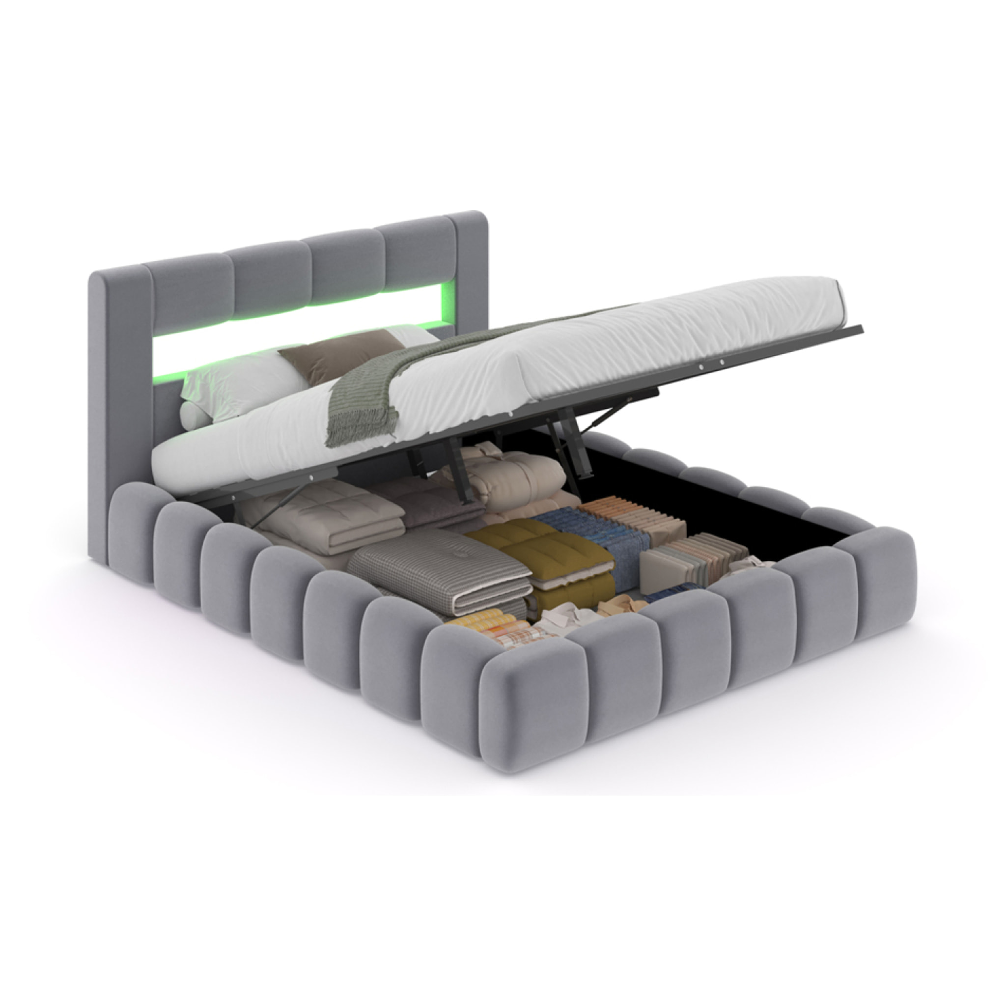 MAKILA Lit nuage avec coffre de rangement et LED 180x200cm en velours gris avec tête de lit et sommier