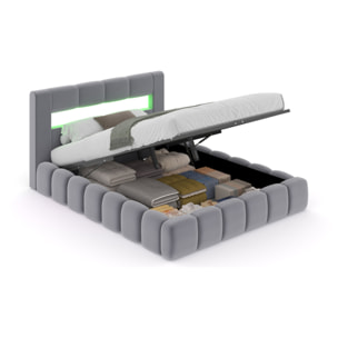 MAKILA Lit nuage avec coffre de rangement et LED 180x200cm en velours gris avec tête de lit et sommier