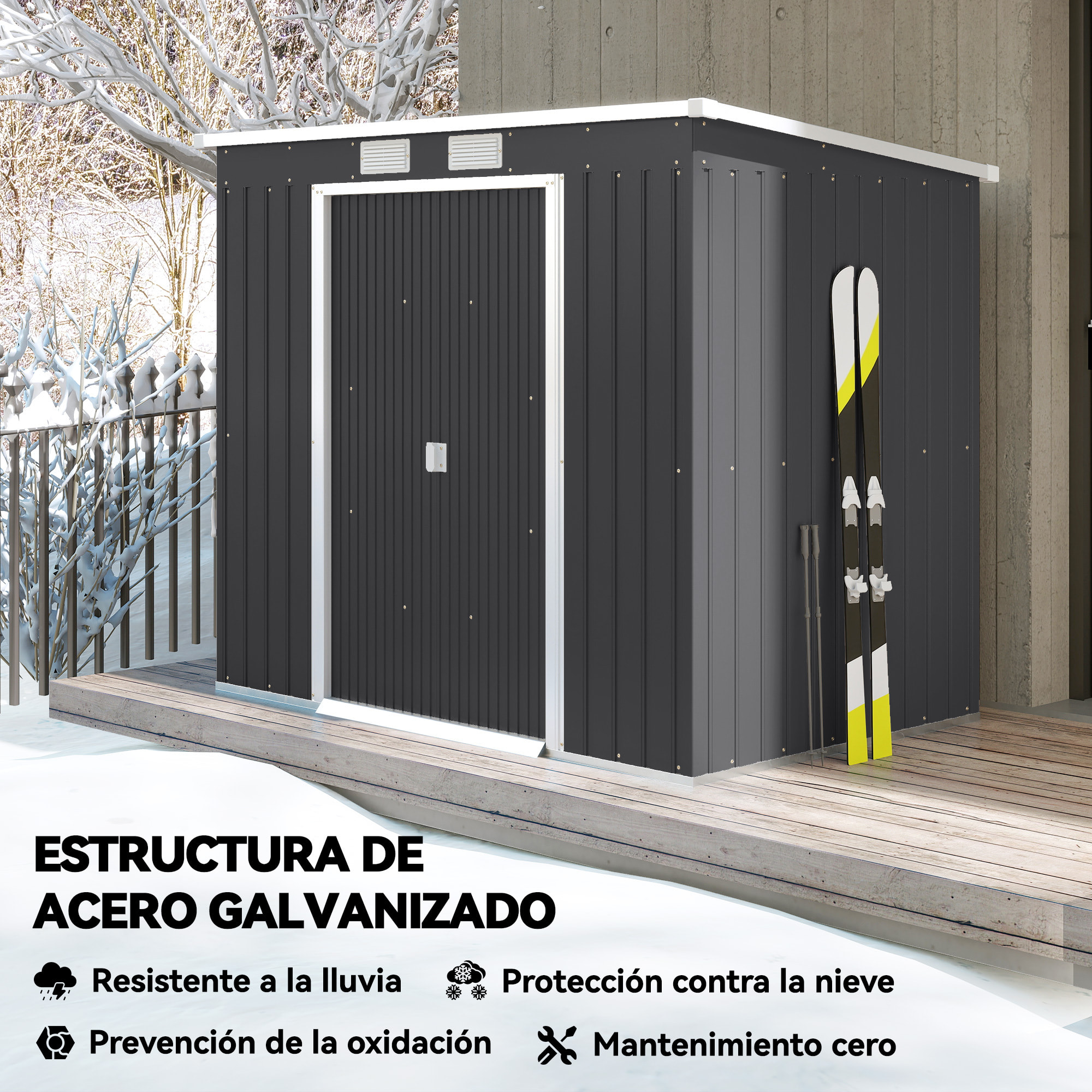 Caseta de Jardín Exterior 2,4 m², 213x130x172 cm, Cobertizo de Jardín Exterior Metálico con Puerta Corredera, Techo Inclinado, Base Refuerzo (Suelo NO Incluido) y 2 Ventanas, Gris Oscuro