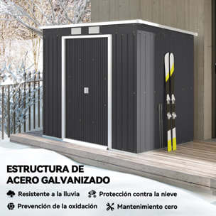 Caseta de Jardín Exterior 2,4 m², 213x130x172 cm, Cobertizo de Jardín Exterior Metálico con Puerta Corredera, Techo Inclinado, Base Refuerzo (Suelo NO Incluido) y 2 Ventanas, Gris Oscuro