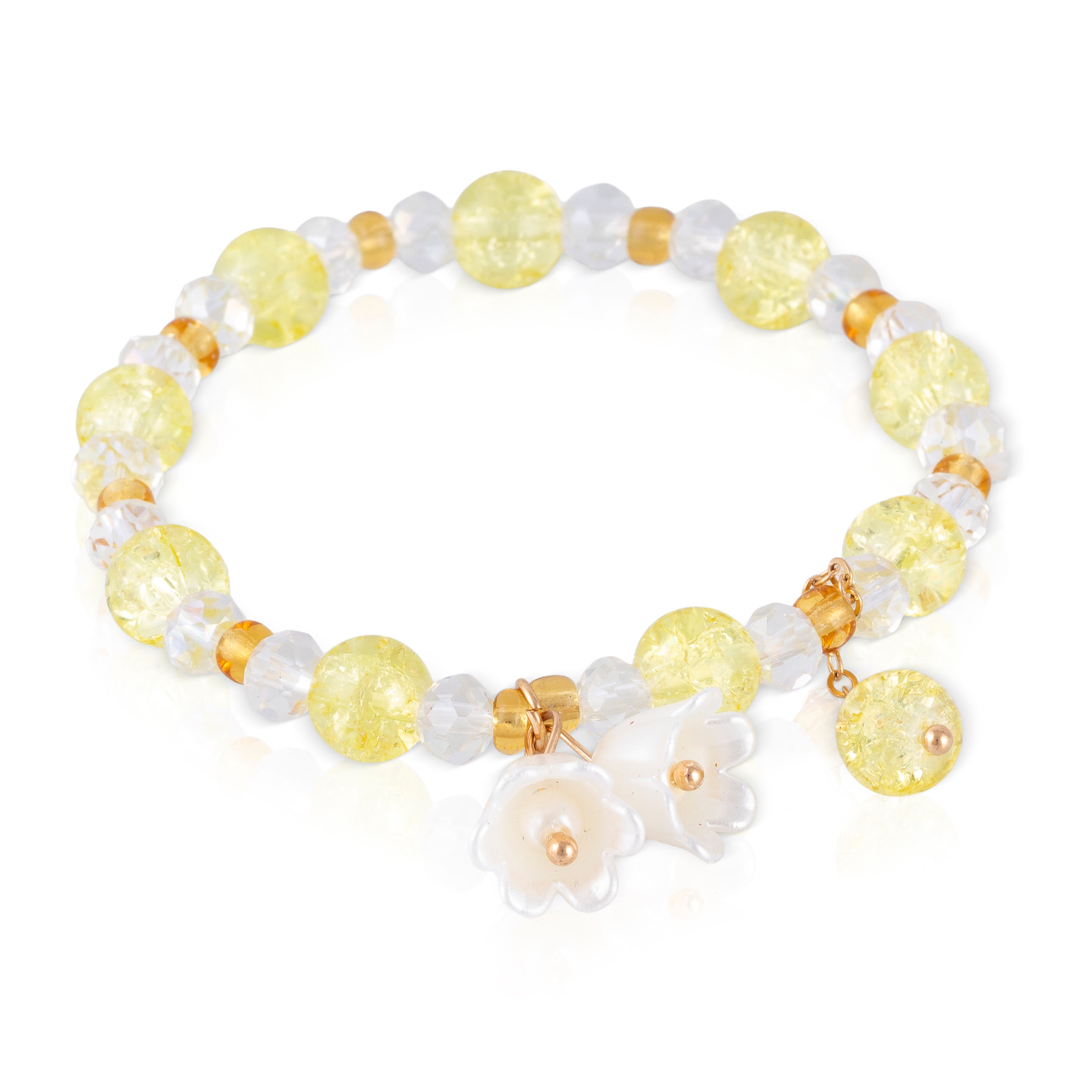 Set de 6 pulseras elásticas con cuentas de cristal y diseños amarillo, blanco, granate, morado, verde y rosa.