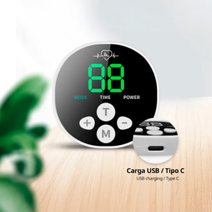 Estimulador electrónico y masaje EMS inteligente Y88. Para abdominales, brazos y piernas. Con 10 modos de uso y 39 intensidades, batería recargable.