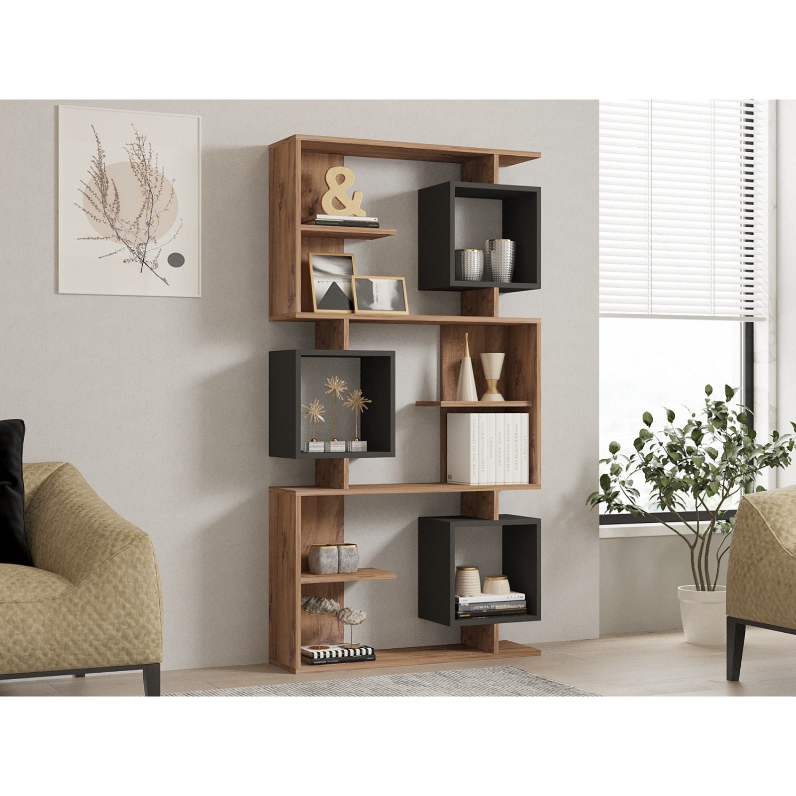 Bibliothèque design asymétrique 172cm effet bois et gris anthracite SOHO