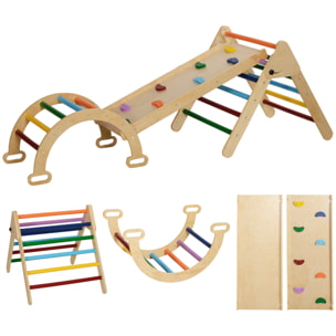 Ensemble d'escalade en bois 5 en 1 - triangle Pikler, arche, bascule, toboggan, rampe - panneaux bois pin