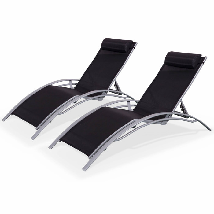 Duo de bains de soleil aluminium - Louisa Gris et noir - Transats aluminium et textilène
