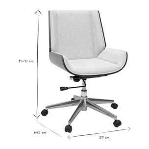 Chaise de bureau à roulettes design en tissu effet velours texturé beige, bois foncé et acier chromé CURVED