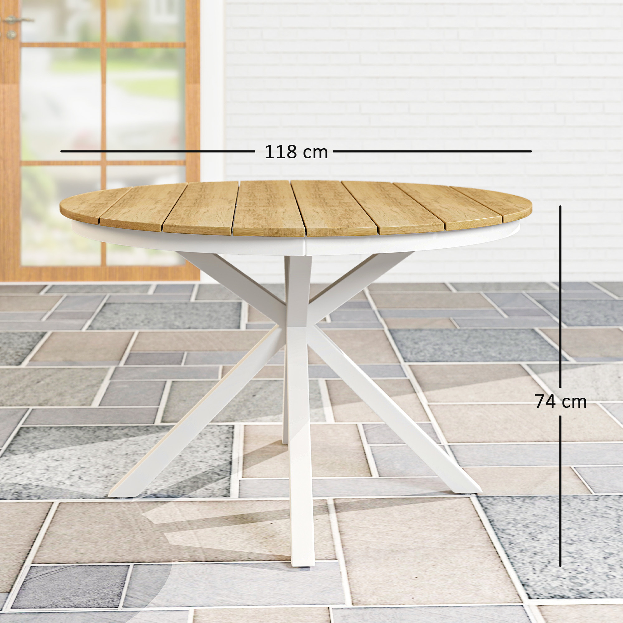 Mesa de Jardín Redonda Mesa de Terraza Exterior Ø118x74 cm con Estructura de Aluminio Patas Cruzadas y Encimera de Listones Carga 70 kg para Patio Balcón Teca