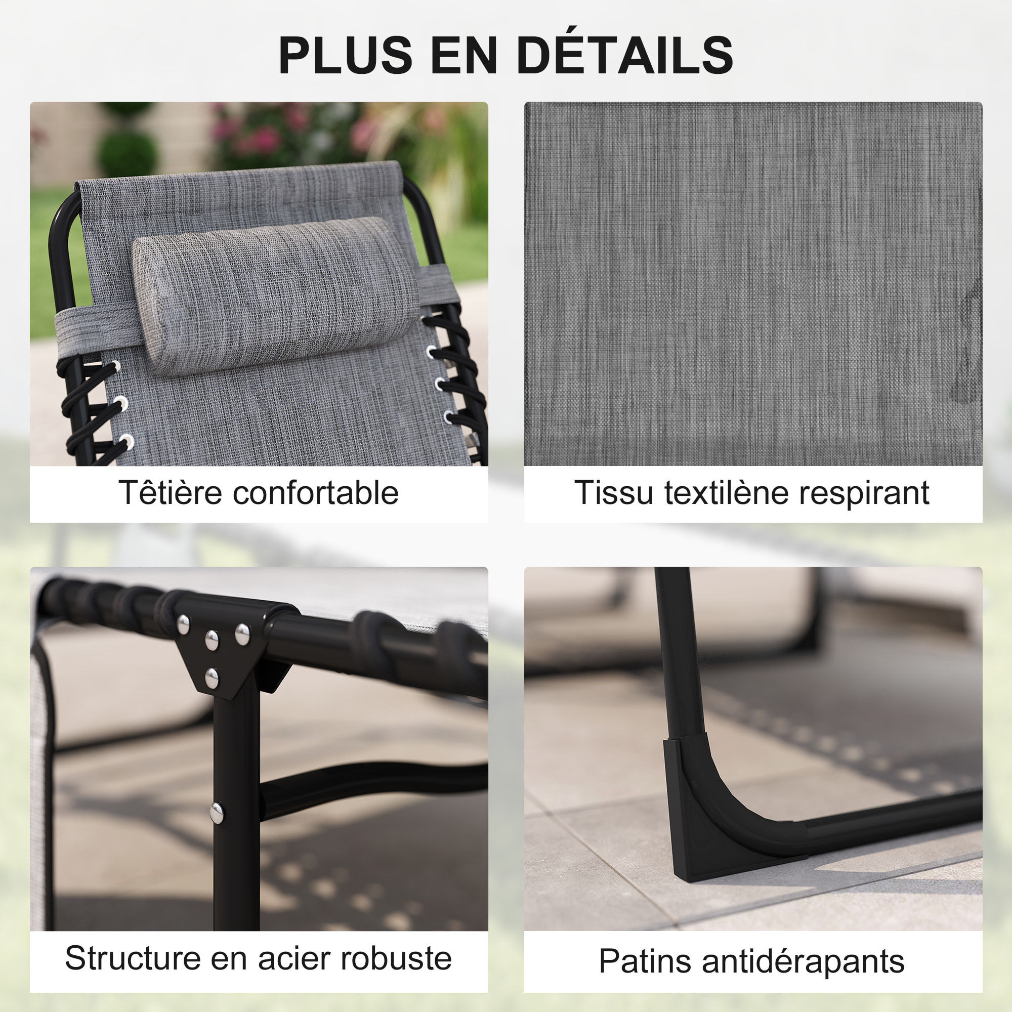 Bain de soleil transat pliable dossier inclinable acier époxy noir lacets élastiques textilène gris chiné