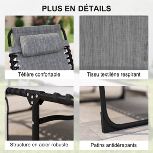 Bain de soleil transat pliable dossier inclinable acier époxy noir lacets élastiques textilène gris chiné