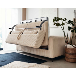 Owen - canapé lit 3 places convertible express couchage quotidien 140 cm matelas 12 cm en velours côtelé grosses côtes - Beige