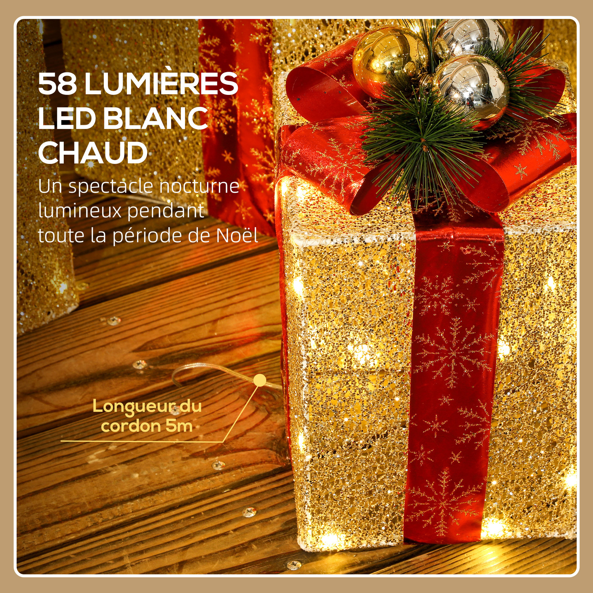 Lot de 3 boîtes cadeaux Noël lumineux extérieur 58 LED blanc chaud 3 noeuds rouge