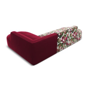 Canapé d'angle droit "Charles" 4 places en velours motif de rose de jardin,rouge