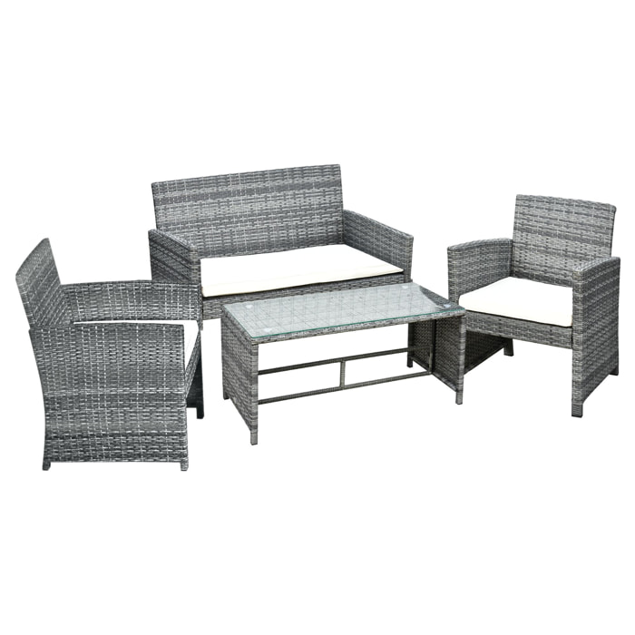 Conjunto de Muebles de Jardín de Ratán 4 Piezas Juego de Muebles de Jardín Incluido 1 Sofá de 2 Plazas 2 Sillones y 1 Mesa de Centro con Tablero de Vidrio para Terraza Gris