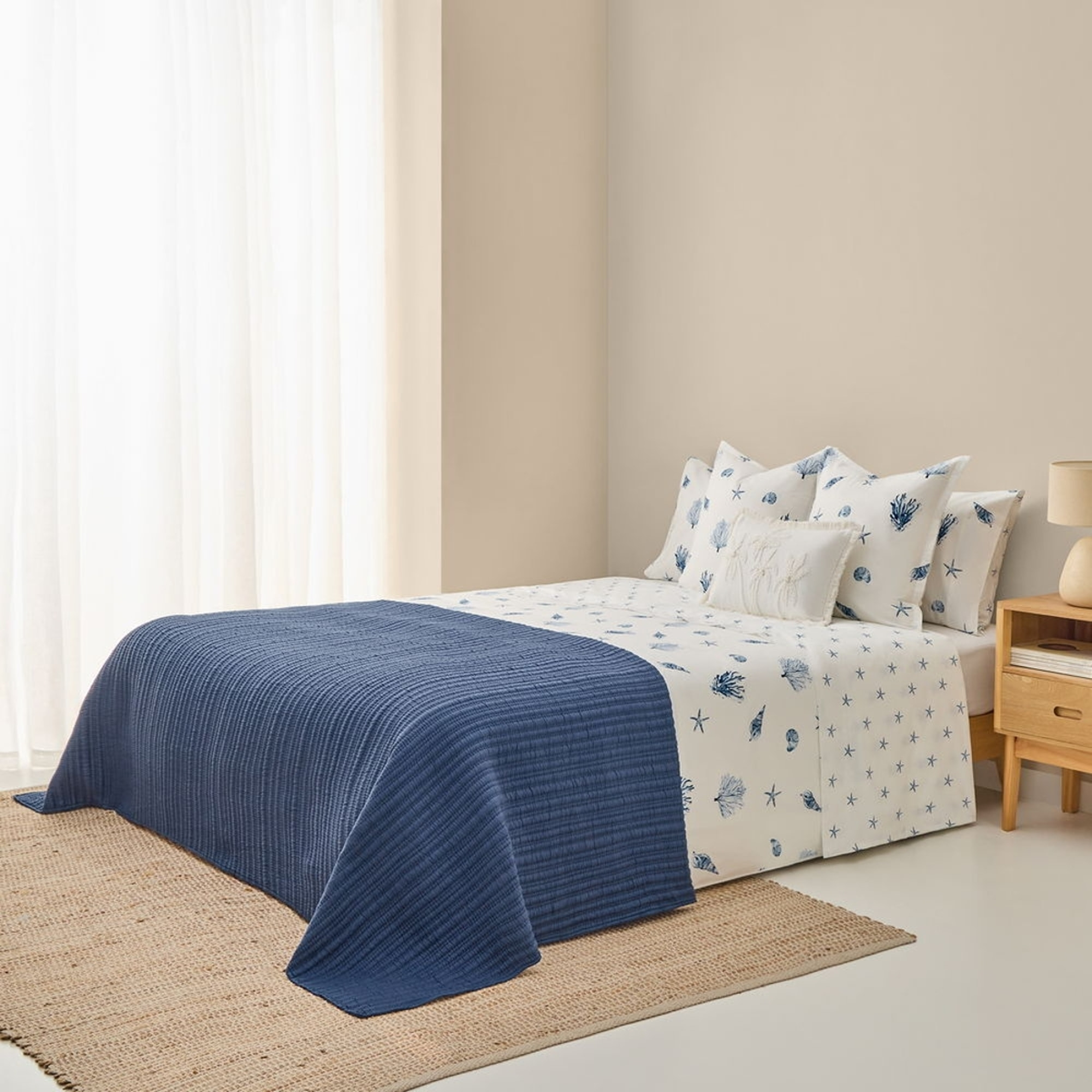 Sábana de algodón 180 hilos estrellas de mar Crea color azul 100% Algodón percal