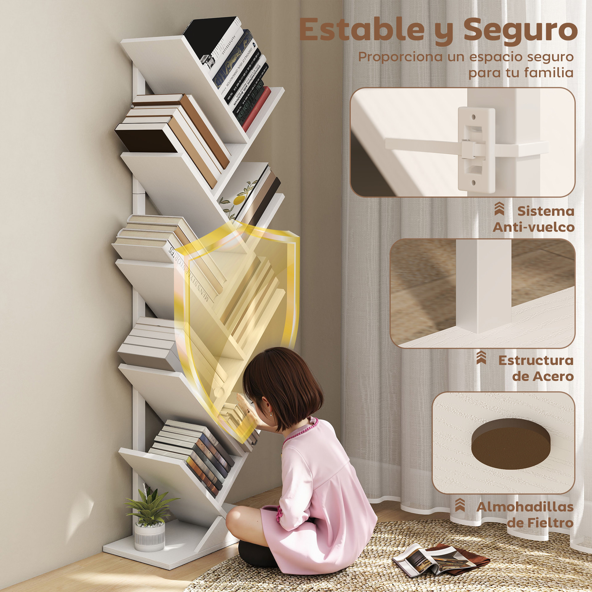 Librería en Forma de Árbol de 9 Niveles, Estantería de Libros con 9 Estantes, Estructura de Acero, para CD, DVD, Álbumes, Sala de Estar, Oficina, Estudio, Dormitorio, 50x24x136 cm, Blanco