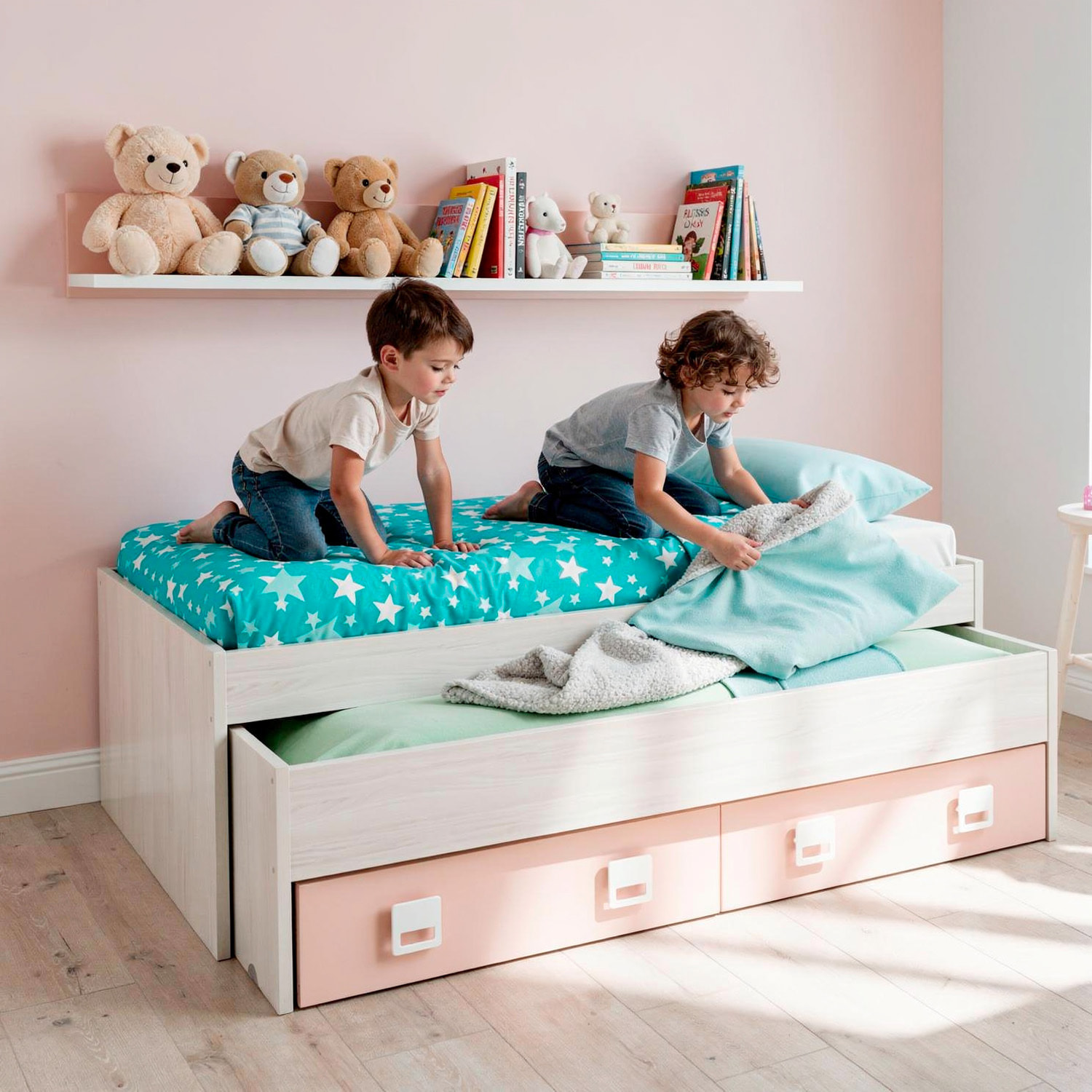 Letto Con Letto Estraibile 2 Cassetti E Mensola Letto Salvaspazio Contenitore Cameretta Bambini Ragazzi 65 x 199 x 96 Cm Bianco Alpi e Rosa