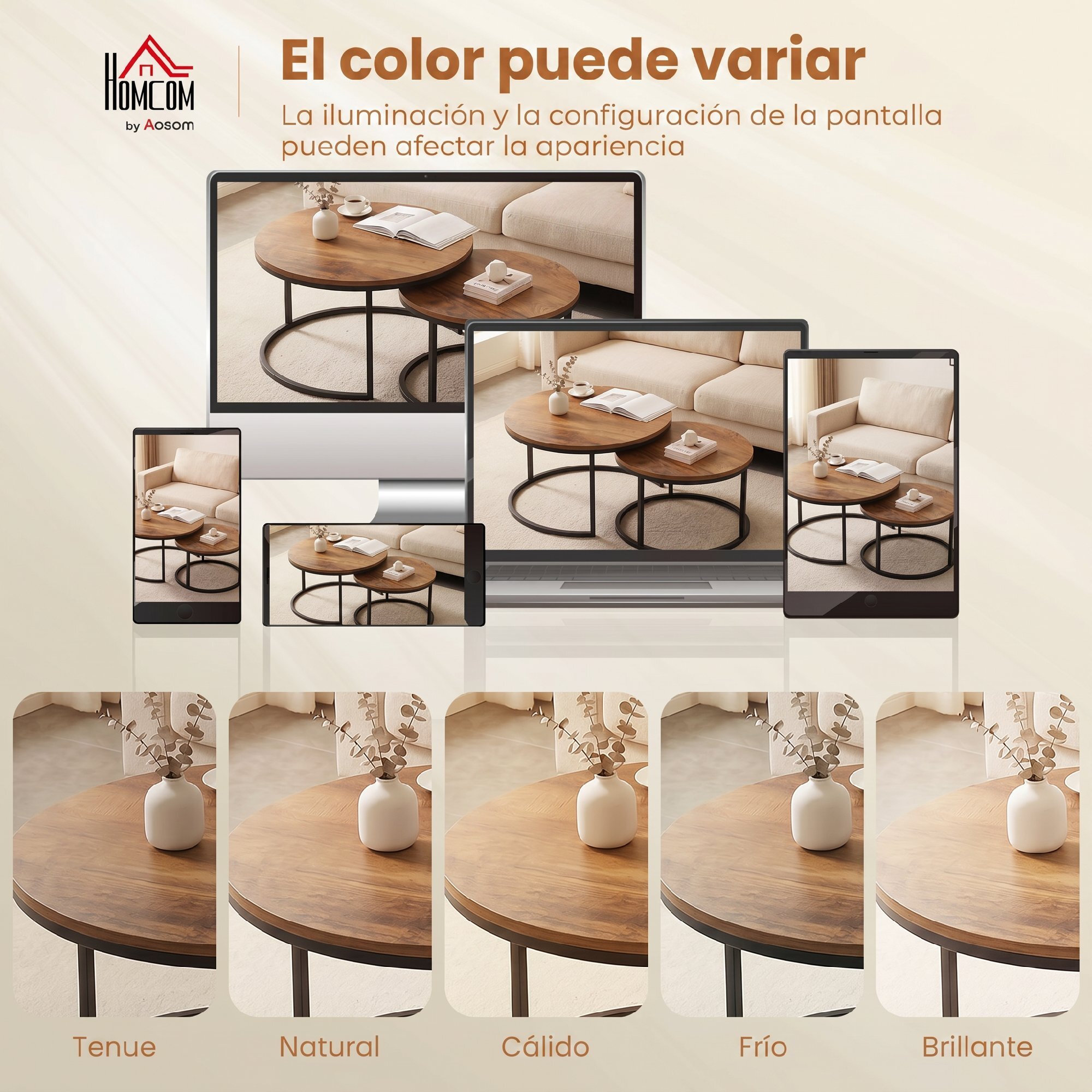 HOMCOM Set de 2 Mesas de Centro Redondas, Mesas Nido Industriales con Estructura Metálica para Salón, Dormitorio u Oficina, 60x60x 45 cm, Marrón