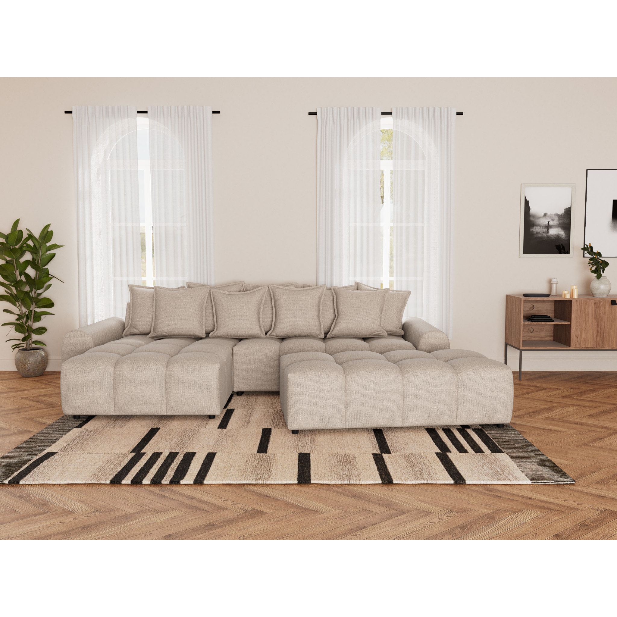 Adelaide - canapé d'angle réversible 4 places avec pouf d'appoint en tissu texturé - Beige