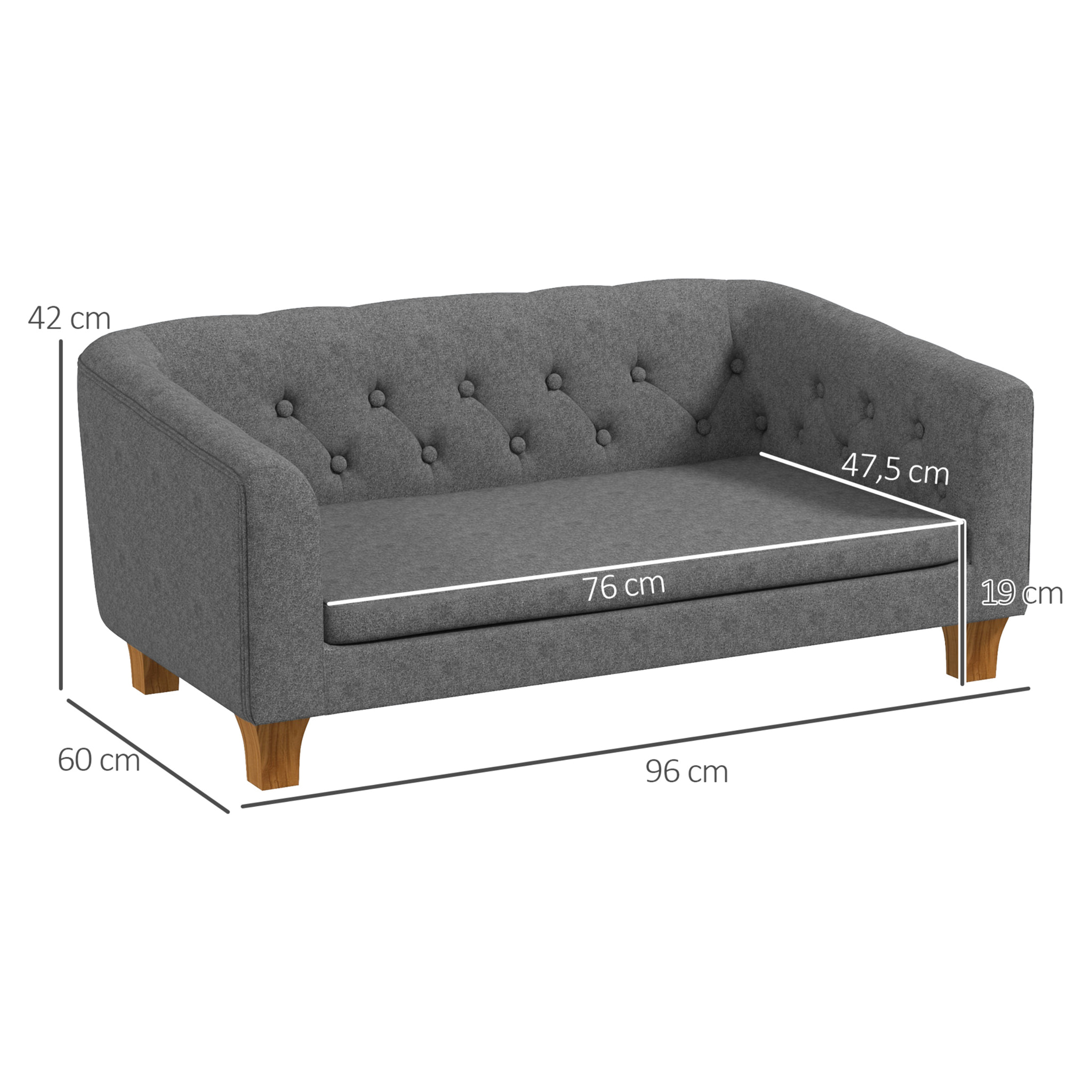 Canapé chien lit pour chien style Chesterfield dossier capitonné coussin moelleux pieds bois polyester gris