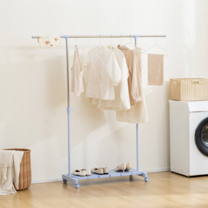 Tendedero Extensible con Ruedas, Tendedero de Ropa con Barra de Acero Inoxidable y Estante para Zapatos, Altura Ajustable, para Interior, Azul y Plata