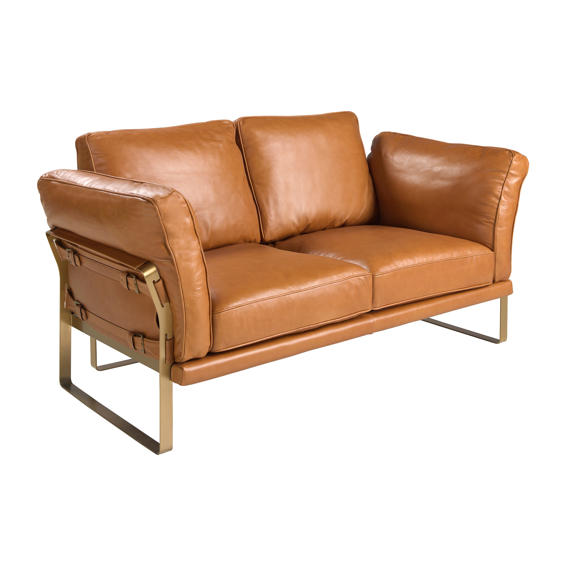 Sofá Angel Cerdá de 2 plazas tapizado en piel de origen vacuno en camel patas de acero inoxidable en dorado 160x90x84cm